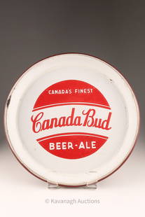 MCM Canada Bud Porcelain Beer Advertising Tray: Vintage Mid Century Canada Bud Singe Sided Porcelain Beer Serving / Advertising Tray. Some loss to porcelain as shown. 13 inches diameter x 1.5 H.