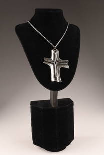 Signed Guy Vidal MCM Brutalist Cross Necklace: Signed Guy Vidal Mid Century Modernist Brutalist Cross Necklace. Chain measures 28 inches L, cross measures 3.75 x 2.75 inches.