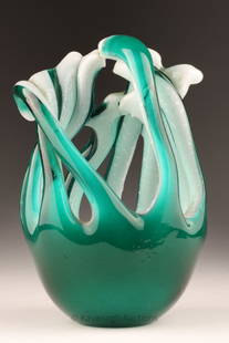 MCM Murano Art Glass Bowl Silver Fleck Inclusions: Mid Century Murano Green Cased Art Glass Bowl with Silver Fleck Inclusions, Unsigned. 7 inches H x 4.5 W.
