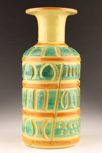 Mid Century Italy Ceramic Incised Yellow Vase: Mid Century Italy Ceramic Incised Yellow Vase with Green and Orange. 9.5 inches H x 4 W.