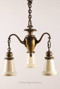 Art Nouveau Brass Chandelier Opalescent Shades: Victorian / Art Nouveau Arched Arm Brass Chandelier with three Etched Opalescent Cased Glass Shades. 13 inches W x 30 H including chain, shades measure 5 inches x 4 W at base.