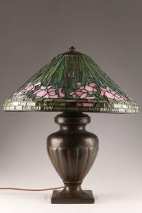 Antique Handel Table Lamp, Stained Glass Shade: Antique Handel Urn Table Lamp with Floral Pattern Stained Glass Shade on signed Handel ring (Handel Lamps / Pat'd. No. 979664 - later stained glass). Three-light patinated metal base with an urn-form