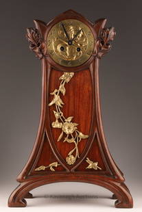 Attr. Vincent Maurice Dufrene Art Nouveau Clock: Attributed to Vincent Maurice Dufrene Late 19th C French Belle Epoque / Art Nouveau table clock. Made of wood and bronze, brass movement with Medaille d'argent Vincent 1883 seal. 18 inches H x 11.5 W