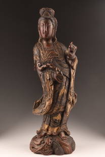 Chinese Carved Wood Figure Guanyin with Ruyi: Chinese or Japanese Carved Wood Figure Guanyin with Ruyi. 18 inches H.