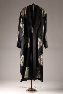 Black Silk Chinese Gold Embroidered Robe: Black Silk Chinese Gold Embroidered Robe Kimono Smoking Jacket. 55 inches L x 21 W (shoulder to shoulder) x 25 inch sleeves. Tag indicates size 52.