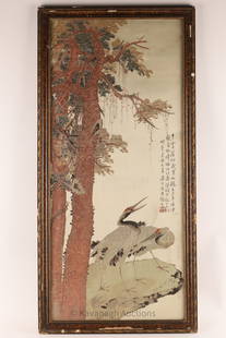 19th C Chinese Silkwork Landscape Cranes: 19th C Chinese Silkwork Landscape Cranes. The painting features a pair of cranes standing near a pine tree in a landscape. With calligraphy along the right side. Framed, measures 38 inches H x 18 W.