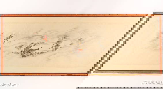 Japanese Scroll Painting on Silk Battle Scene: Japanese Scroll Painting on Silk Figural Battle Scene with Rising Sun flag being flown in background. Silk measures 13.5 inches H x 44 W, frame measures 19 inches H x 49 W.