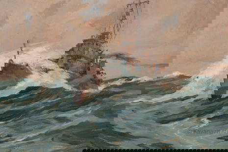 Eric Riordon (Canadian, 1906-1948) Four Stacker: Eric Riordon (Canadian, 1906-1948) Oil on Board, Four Stacker, Ex-US Destroyer in Heavy Seas. John Eric Benson Riordon was born in St. Catharines, Ont., Dec. 5, 1906, and moved with his family to Mont