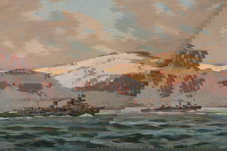 Eric Riordon (Canadian, 1906-1948) Iceland Ships: Eric Riordon (Canadian, 1906-1948) Iceland - US Destroyer, Canadian Corvette. John Eric Benson Riordon was born in St. Catharines, Ont., Dec. 5, 1906, and moved with his family to Montreal two years l