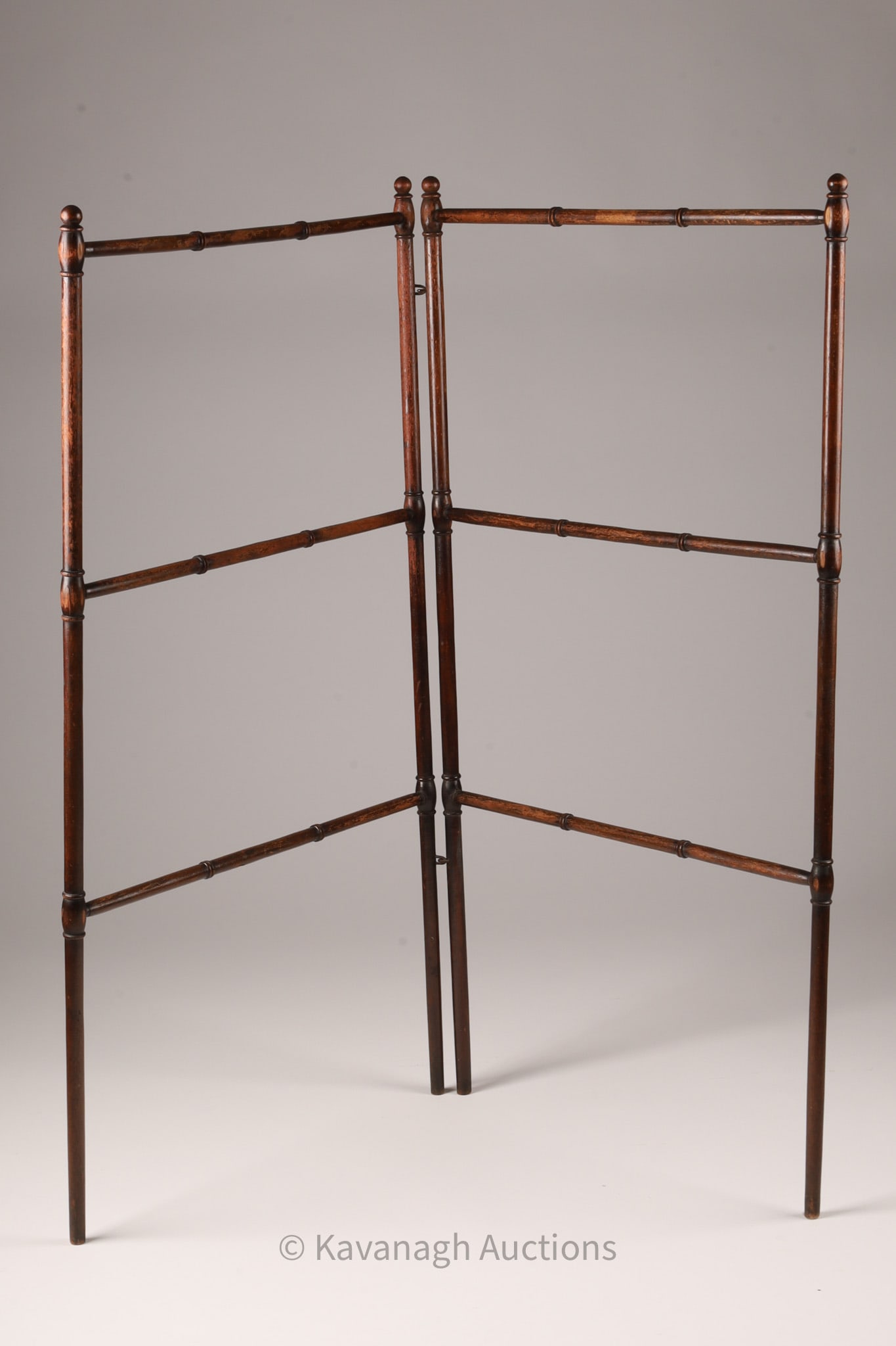 19th C Georgian Mahogany Towel Rails / Airer: 19th C Georgian Mahogany Faux Bamboo Towel Rails / Airer. 2 segments, measuring 21 inches W x 39 H each. Some wear to finish as shown.