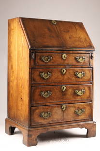 George III Style Diminutive Oak Secretaire Chest: George III Style Diminutive Oak and Walnut Secretaire / Fall Front Desk on Chest with Fitted Interior. Oak sides and walnut veneer front, measuring 39 inches H x 24 W x 17 deep. Some spots of restorat