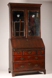 18th C English Queen Anne Walnut Bureau Secretaire: 18th C English Queen Anne Walnut Bureau Secretaire with Wheel Cut Mirrored Doors. Two part construction, with fall front desk and interior pigeon holes and drawers over 3 drawers over 2, upper locking