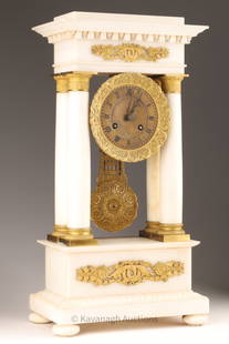 French Empire Alabaster Gilt Bronze Portico Clock: 19th C Antique French Empire White Alabaster and Gilt Bronze Portico Mantel Clock. 19.5 inches H x 10.5 W x 6 deep. Missing bell. Untested. Some small chips to alabaster.