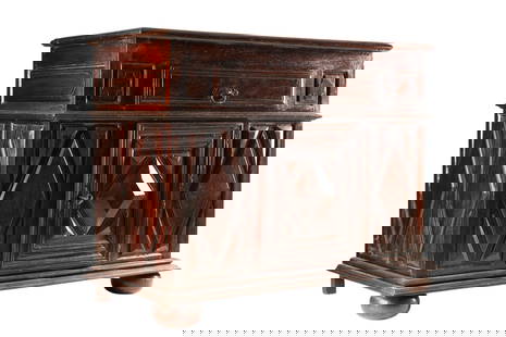 Antique French Louis XIII Diamond Point Buffet: Antique French Louis XIII Diamond Point Buffet Sideboard Cabinet with a Single Drawer over a central cabinet door, Massive Iron Key and Forged Handles over large bun feet. Measuring 41 inches H x 25 d