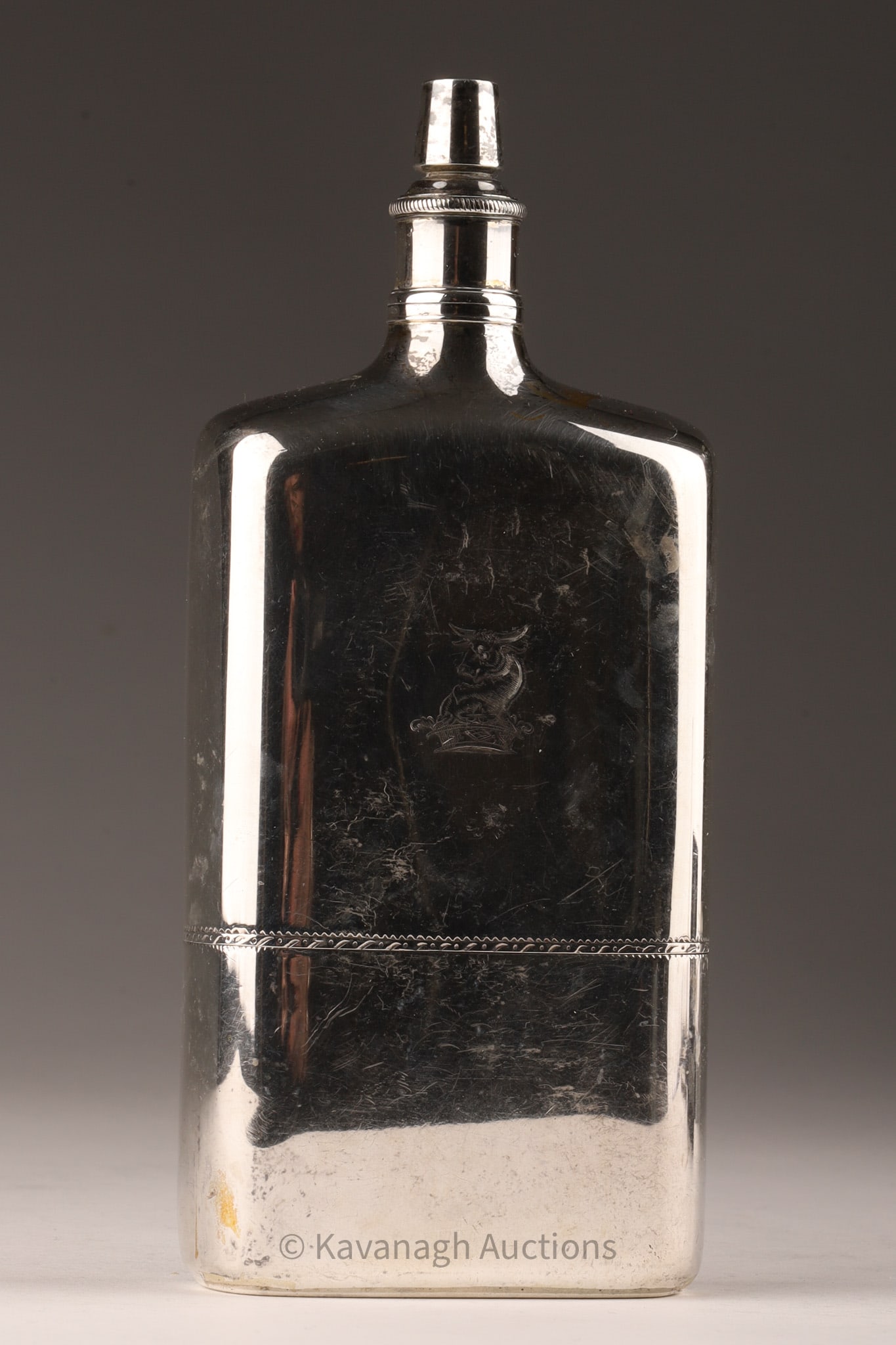 Antique Sterling Silver George III Hip Flask: Antique Sterling Silver George III Hip Flask London C. 1794. Hallmarked I.H, Joseph Heriot or John Holloway, 309 grams, 6.25 inches H x 2.75 W x 1.25 deep. Bottom of flask slips off to provide a cup.