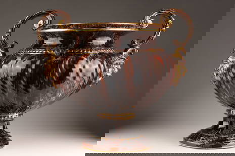 Sarreguemines Majolica Marbleized Glazed Cache Pot Urn: Art Nouveau Large Sarreguemines France Majolica Porcelain Marbleized Glazed Cache Pot Jardiniere Urn, Renaissance Revival Two Handled Urn with Gilt Masks and decoration. Measuring 17 inches W x 17 H.