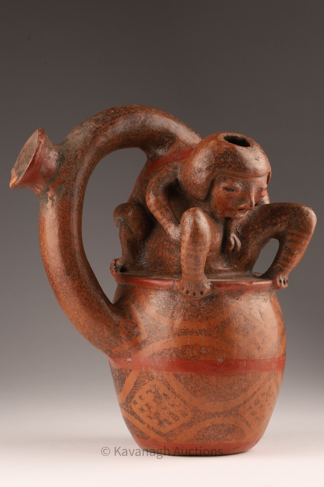 Pre-Columbian Moche Erotic Stirrup Spout Vessel: Pre-Columbian Moche Peru Erotic Art Pottery Stirrup Spout Jug or Vessel. Depicting two figures performing an erotic act. Old polychrome decoration. Some chips to spout and body, as shown. Measures 10