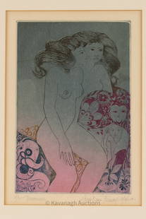 Christiane Frenay Signed Etching Print Dreamers: Christiane Frenay (French/Canadian, b. 1940), Signed Etching Print, Dreamers, 1980. Etching Titled, Numbered and Signed 18/75. Measures 10 inches H x 7 W, frame measures 16.5 x 13.25 Inches