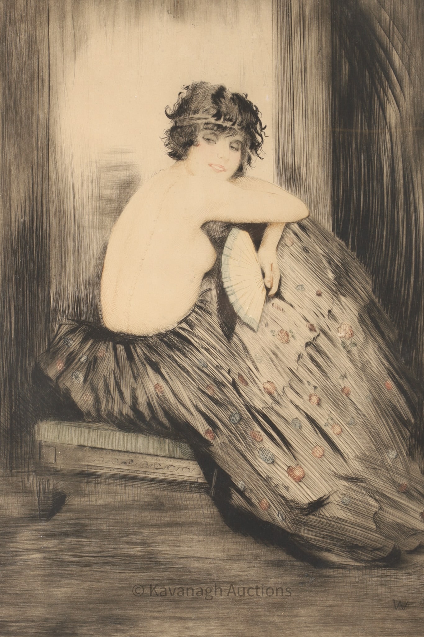 William Ablett Coloured Engraving Lady Espiegle: William Ablett (French/English, 1877-1936) Coloured Engraving of a seated partially clad lady Titled Espiegle. Signed lower right, numbered out of 250. Paper measures 32.5 inches H x 23.5 W, frame mea