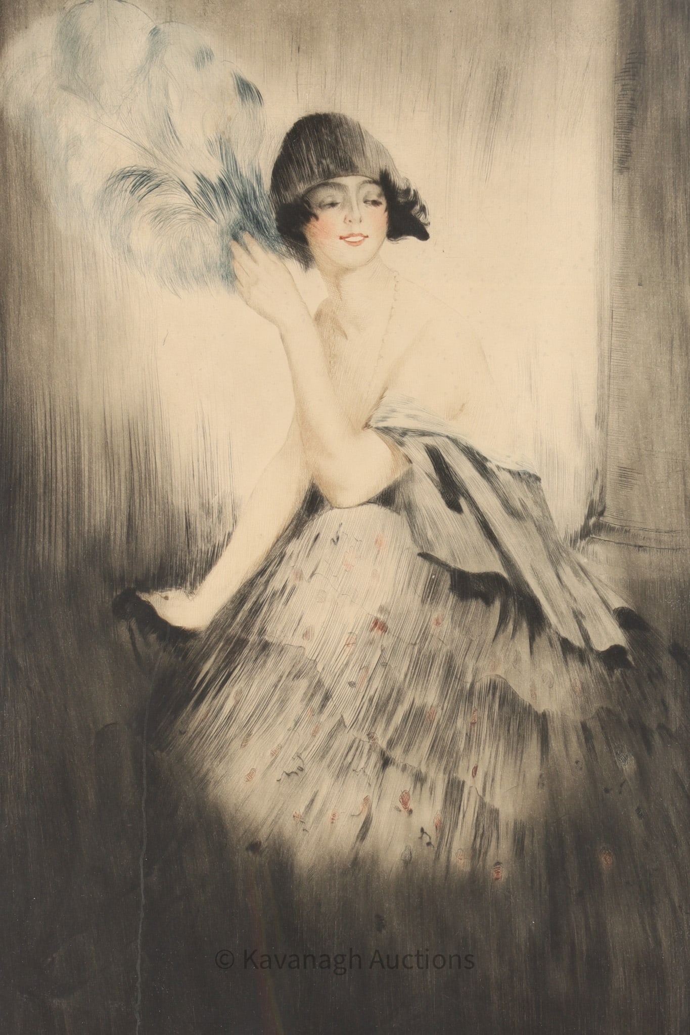 William Ablett Coloured Engraving Lady Coquette: William Ablett (French/English, 1877-1936) Coloured Engraving of a seated lady Titled Coquette. Signed lower right, numbered out of 250. Paper measures 32.5 inches H x 23.5 W, frame measures 33.5 x 24