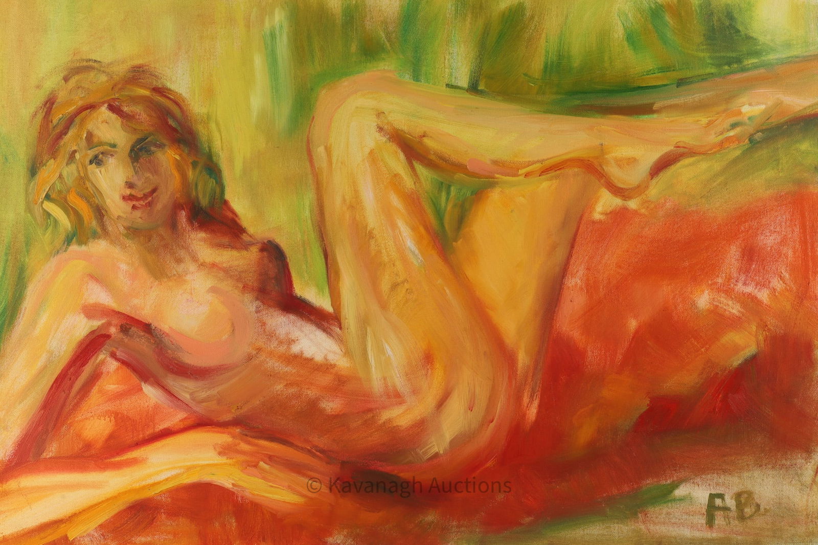 Anna Borcz Impressionist Reclining Female Nude: Impressionist Oil Painting Reclining Female Nude Signed AB Signed and titled on verso, Anna Borcz 2001 A Nudes of Rene Sans. Unframed, measures 20 x 29 inches W.
