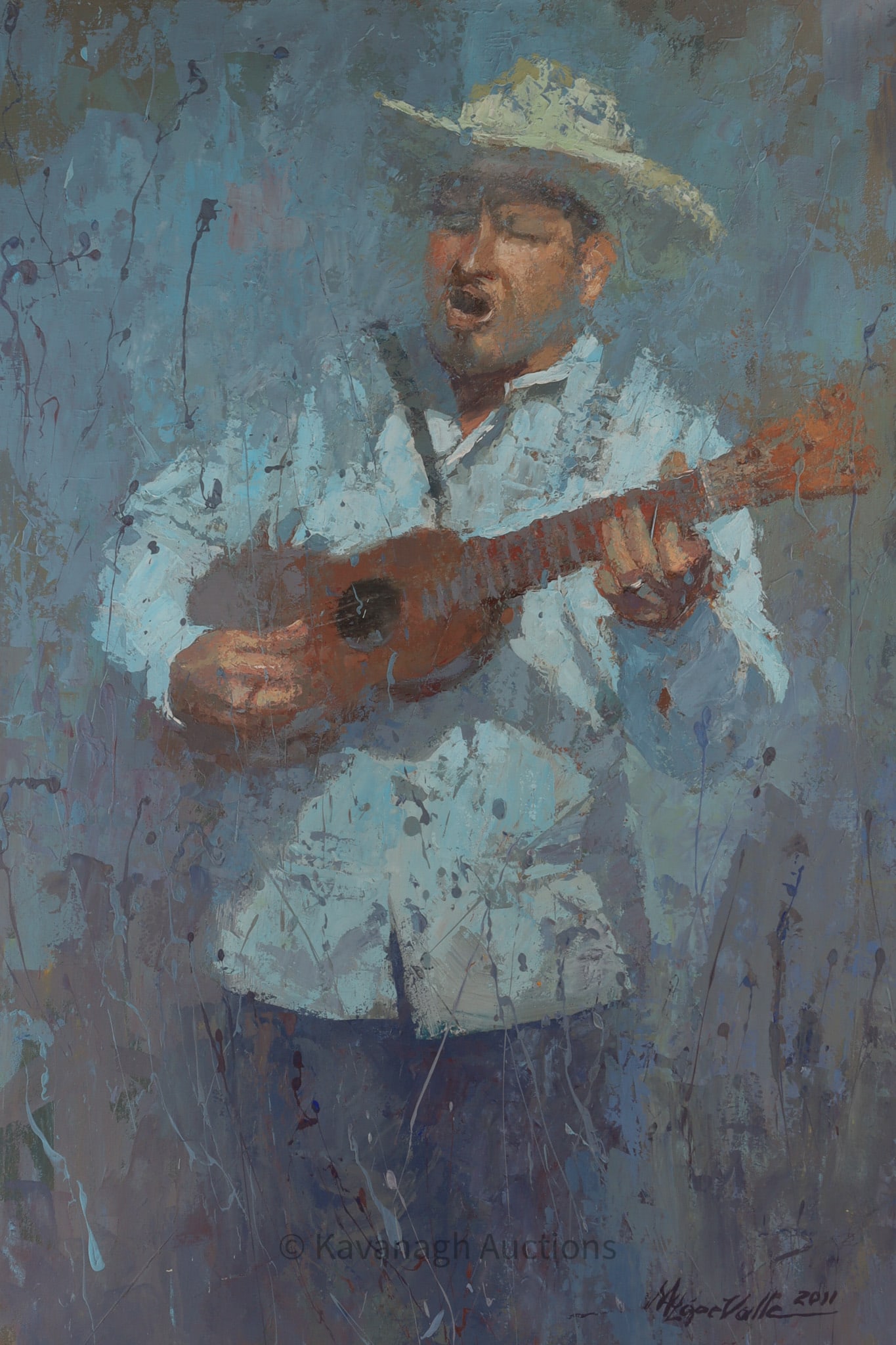 Signed Impressionist Oil on Canvas Musician: Large Impressionist Oil on Canvas depicting a person playing a ukulele or stringed instrument. Signed lower right, dated 2011. Unframed, measures 39 x 27.5 inches W.