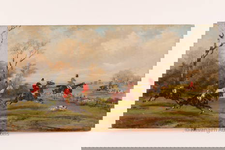 Robert Stone Style Victorian Fox Hunt Scene: Style Robert Stone (British, 1820 - 1870) Victorian English Fox Hunting Scene, Oil on Panel, Unsigned. Measures 6.25 inches H x 12.25 W.