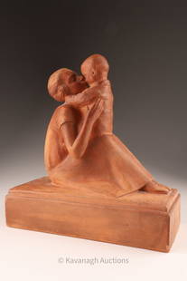 Lucien Charles Alliot (1877-1967) Terracotta: Lucien Charles Alliot (French, 1877-1967) Mother and Child, The Kiss Terracotta Sculpture. Incised signature on base, measures 9 inches H x 8.5 W x 4 W. With gallery sticker on interior.