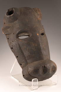 Bamoun Carved African Animal Mask: Bamoun carved wood mask from the Grassland region of Cameroon. It is worn on top of the head during ceremonies and festivals to represent power and authority. Measures 11 inches H x 7 W. Provenance: A