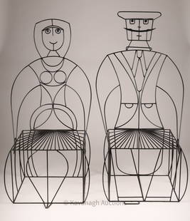 Pair John Risley (USA 1919-2002) Figural Chairs: Pair of Iconic John Risley Wrought Iron Anthropomorphic Whimsical Chairs, part of a series created by John Risley in the 1960s, known as the People chairs. Constructed from wrought iron rods and spray