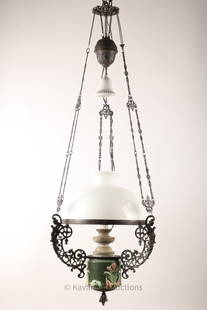 19th C Counter-Balance Hanging Kerosene Lamp: 19th C Victorian Counter-Balance Hanging Kerosene Lamp with Milk Glass Shade, figural silhouette lady brackets and Majolica Art Pottery Base. 51 inches L x 19 W.