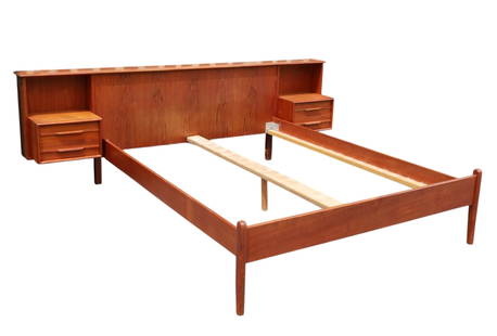 MCM Danish Teak Queen Bed Frame with Nighstands: MCM Danish Modern Teak Bed With Floating Nightstands. Includes the slats. 93"w x 30"h