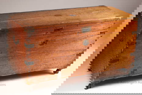 19th C Military Officer's Campaign Chest c.1880: Late 19th C military officer's campaign chest c.1880. Of solid camphor wood with brass corners and bindings mounted on casters. Flush fitting handle to the lid and diamond shaped escutcheon, heavy dut