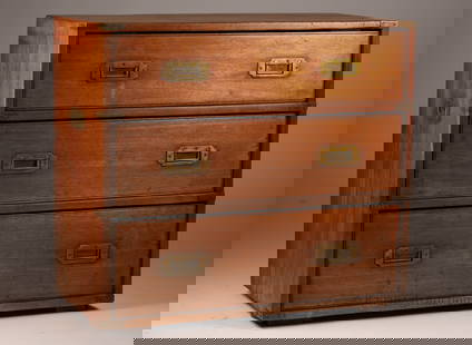 Antique Campaign Diminutive Chest of Drawers: 19th C Antique Campaign Military Diminutive or Small Chest of Drawers. With 3 drawers, flush mounted handles, brass corners and dove tailing. Measuring 29 inches H x 32 W x 15.5 deep.