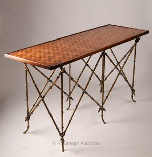 John Richard MCM Faux Bamboo Parquetry Sofa Table: John Richard Mid-Century Modern Faux Bamboo Sofa Console Table with Geometric Pattern Parquetry Top. 61.5 inches L x 21 x 32 inches H. Signed on underside.