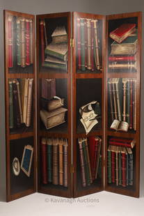 Trompe L'Oeil Library Folding Screen Fornasetti: Mid Century Modern Trompe L'Oeil Library 4 Panel Folding Screen or Room Divider after Piero Fornasetti's Strumenti Musical or Libri Screen. Each panel measures 72 inches H x 16 W, 72 x 64 inches fully
