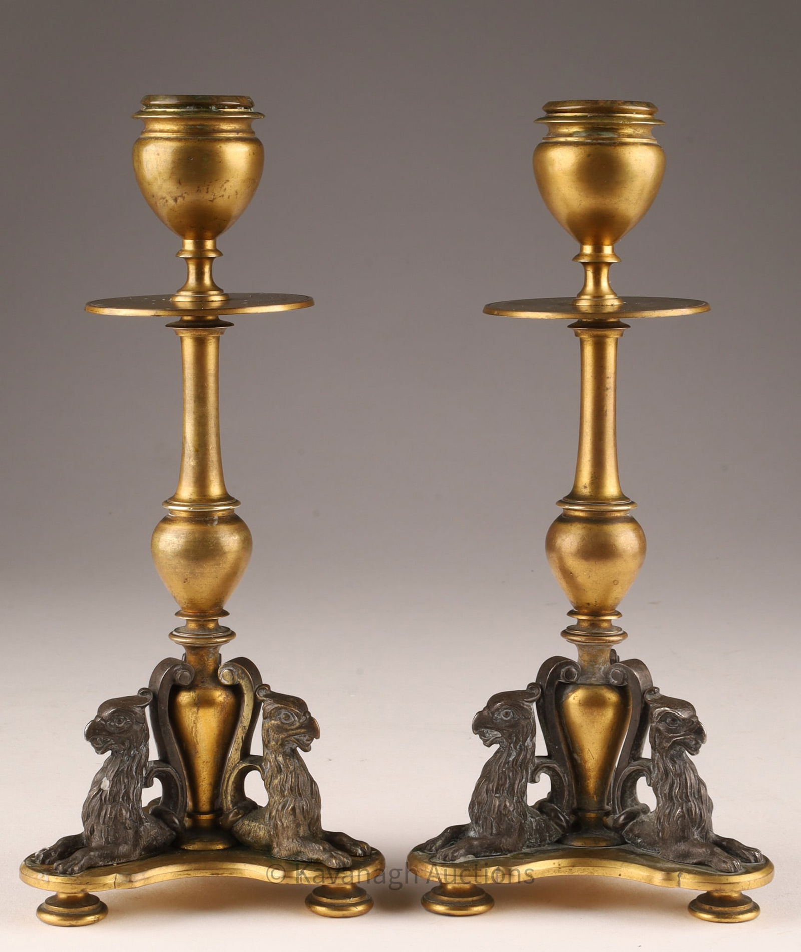 Pair Antique Brass and Bronze Griffin Candlesticks (1 of 8)