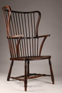 Antique Arts and Crafts Windsor Wingback Chair: Antique Arts and Crafts Spindle Windsor Wingback Porter Armchair with shaped seat. Measuring 43 inches H x 25 W x 21 deep,