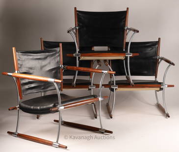 MCM Jens Quistgaard Set Stokke Leather Wood Chairs: Danish Mid Century Modern Jens Quistgaard Set of Stokke Lounge Chairs. Manufacture stamp on underside Nissen, Langaa, Danemark, made of chromed steel, hard wood and leather. One back to seat has small