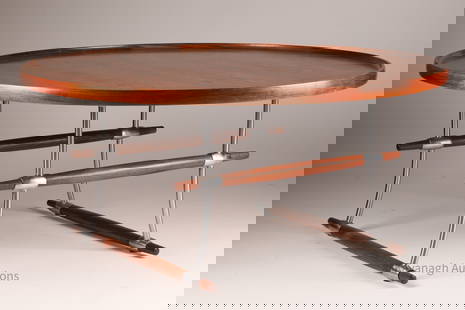 Mid Century Jens Quistgaard Stokke Coffee Table: Mid Century Danish Jens Quistgaard Stokke Chrome and wood Coffee Table for Nissen. 41 inches diameter x 18.5 H.