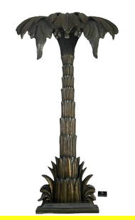 Maison Jansen Style Silver Gilt Palm Tree Lamp: Maison Jansen Style Palm Tree Silver Gilt Floor Wall Sconce / Lamp. Base measures 63 x 22 x 7 inches, top measures 45 x 9 deep x 20 H. Lamp measures 83 inches H x 45 W x 9 deep. Made of painted