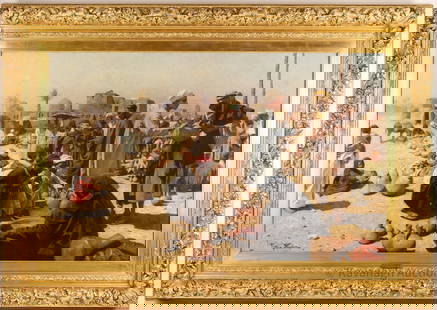 Franz Xavier Kosler Large Cairo Market Painting: Franz Xavier Kosler (Austria, 1864 - 1905) impressive large oil on canvas of a market scene in Cairo old town showing traders and with the dome of the Sultaniyya Mausoleum in the background, set in a