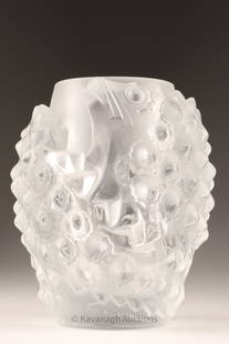 1950s Lalique Frosted Crystal Martigues Vase: 1950s Lalique Clear And Frosted Crystal Martigues Vase. Stenciled remains of Lalique, France marking. Approximately 5 X 4.25 Inches.