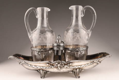 19th C French Sterling Silver Crystal Cruet Set: 19th C French Sterling Silver Crystal Cruet / Oil and Vinegar Set decorated with Ribbon patterns and swagged garlands. Marked Froment Meurice Paris 1819. Silver component weighs 928 grams. Some small