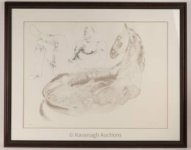 Dame Elizabeth Frink Man and Horse VI Lithograph: Dame Elizabeth Frink (1930 - 1993) limited edition lithograph titled Man and Horse VI from 1971, signed Frink and numbered 64/70. 31.5 x 39.5 inches W framed, image measures 23 x 31 inches within matt