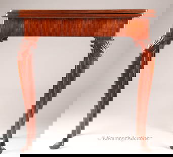 George III Mahogany Leather Top Games Table: George III Mahogany Games Table with Replaced Leather Top and carved Shell Cabriole Knees. 27 inches W x 13 deep x 29 H in closed position.