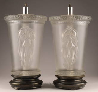 MARC LALIQUE (France, 1900-1977) Dancers Lamps: MARC LALIQUE (France, 1900-1977) Pair of Dancers Lamps in satin-finished molded crystal by Marc Lalique, son of Rene Lalique. Decorated in the round with two pairs of dancers. On a silver-plated metal