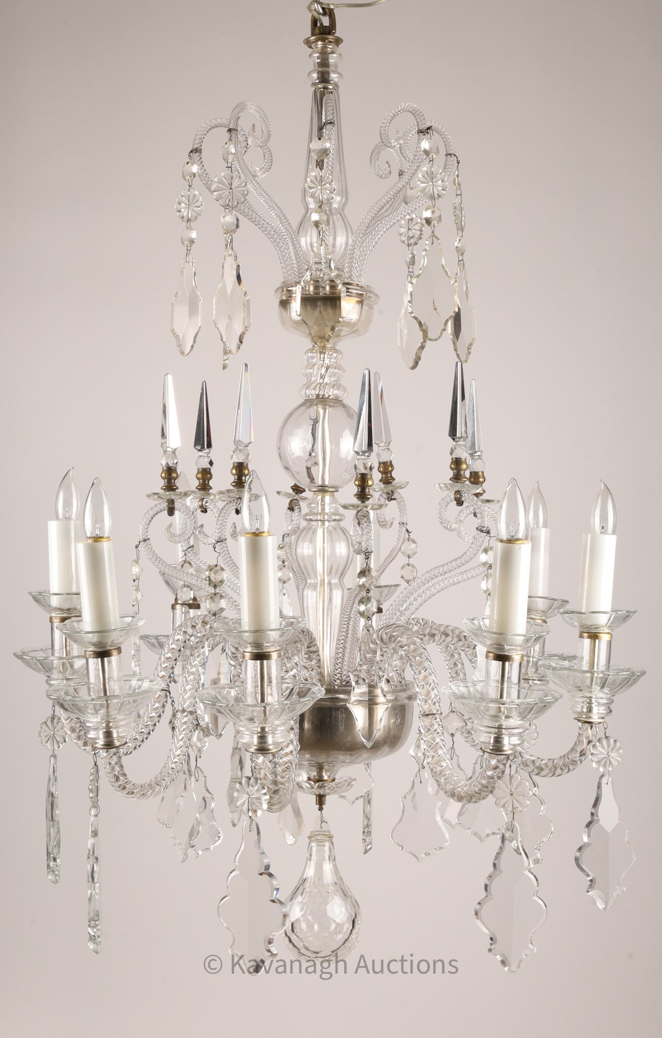 Venetian Antique Large Tiered 8-Branch Chandelier: Murano Italy large tiered chandelier of handblown Venetian glass, set with cut decorative elements and prisms, some elements gold infused. Measuring 47 inches H x 29 W, chandelier cup measures 5 inche