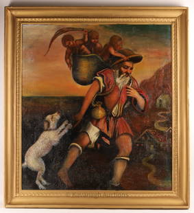Antique Italian Painting Man with Children and Dog: Large Antique Italian Oil Painting Canvas Mounted to Masonite Board, Landscape scene depicting a man carrying a large basket on his back containing three cherubs or children with a white dog at his si