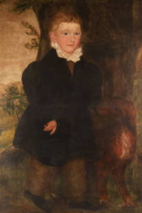 Large 19th C Canadian School Boy and Dog Painting: Large 19th C Canadian School Oil on Canvas, Boy and his Dog Portrait Painting. Canvas measures 44 inches H x 30 W, Framed measures 51 inches H x 37 W.